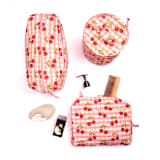 "Cherry Round Upright Makeup Bag in Red Gingham Blockprint" - Makeup Bag in red by Inner Child