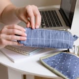 "Small Grid-Stitch Toiletry Bag - Slate" - Makeup Bag in blue by Anchal