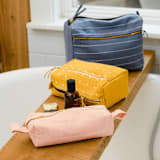 "Small Grid-Stitch Toiletry Bag - Mustard" - Makeup Bag in yellow by Anchal