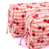 "Cherry Makeup Bag in Red Gingham Blockprint - Large" - Makeup Bag in red by Michelle Pham