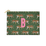 "Custom Flat Zip Pouch - Leopard Green Single Initial" - Makeup Bag in green by Clairebella