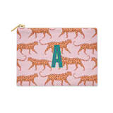 "Custom Flat Zip Pouch - Leopard Pink Single Initial" - Makeup Bag in pink by Clairebella