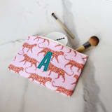 "Custom Flat Zip Pouch - Leopard Pink Single Initial" - Makeup Bag in pink by Clairebella