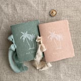 "Double palm tree tropical wedding vow books | SET of 2 books | includes 1 her vows and 1 his vows" - Wedding Vow Books in green by Ivory Invitations