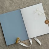 "White ink PRINT on vellum covered English botanical garden Vow Book 5x7 inches | 1 book | OUR VOWS" - Wedding Vow Books in blue by Ivory Invitations