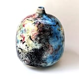 "one-of-a-kind hand thrown and hand painted bud vase - red, turquoise and black" - Vases in multicolor by Liz Vigoda