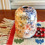 "one-of-a-kind hand thrown and hand painted bud vase - orange, gold and black" - Vases in multicolor by Liz Vigoda