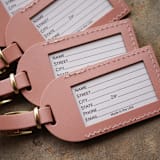 "& So the Adventure Begins Luggage Tags | Dusty Rose, Quantity of 5" - Favors in pink by Melanie Fletcher
