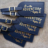 "& So the Adventure Begins Luggage Tags | Navy, Quantity of 5" - Favors in blue by Melanie Fletcher