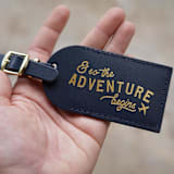 "& So the Adventure Begins Luggage Tags | Navy, Quantity of 5" - Favors in blue by Melanie Fletcher