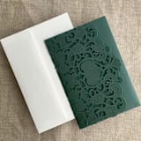 "Forest Green Lace Lasercut Tri Fold Pocket | Pack of 10 | Envelopes Included" - Invitation Pockets in green by Ivory Invitations