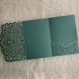 "Forest Green Lace Lasercut Tri Fold Pocket | Pack of 10 | Envelopes Included" - Invitation Pockets in green by Ivory Invitations