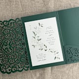 "Forest Green Lace Lasercut Tri Fold Pocket | Pack of 10 | Envelopes Included" - Invitation Pockets in green by Ivory Invitations