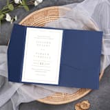 "Qty of 50 Custom Navy Irridescent Shimmer Simply Elegant Tri-fold Pocket with Mailing Envelopes" - Invitation Pockets in blue by Papel Custom Design