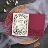 "Qty of 50 Custom Gorgous Open Lace Burgundy Shimmer Pocket | Other Color Options Available" - Invitation Pockets in red by Papel Custom Design