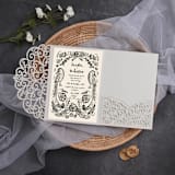 "Qty of 50 Custom Gorgous Open Lace Silver Shimmer Pocket | Other Color Options Available" - Invitation Pockets in gold by Papel Custom Design