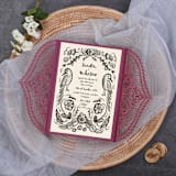 "Qty of 50 Custom Burgundy Shimmer Chantilly Lace Invitation Pocket | Other Color Options Available" - Invitation Pockets in red by Papel Custom Design