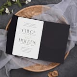 "Qty of 50 Custom Black Irridescent Shimmer Simply Elegant Tri-fold Pocket with mailing envelopes" - Invitation Pockets in black by Papel Custom Design