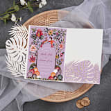 "Qty of 50 Custom Mauve Glitter Tropical Leaf Lasercut Pocket | Other Color Options Available" - Invitation Pockets in purple by Papel Custom Design