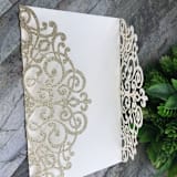"Qty of 50 Custom Stunning Lace Glitter Champagne Gold Laser Cut Gatefold | Other Color Options Available" - Invitation Pockets in green by Papel Custom Design
