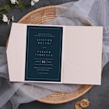 "Qty of 50 Custom Blush Shimmer Simply Elegant Tri-fold Pocket with Mailing Envelopes" - Invitation Pockets in pink by Papel Custom Design