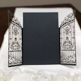 "Qty of 50 Custom Black Shimmer Retro Iron Gate Laser Cut | Other Color Options Available" - Invitation Pockets in green by Papel Custom Design