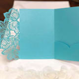 "Qty of 50 Custom Teal Shimmer Exquisite Flower Tri-fold Laser Cut with Inside Pocket | Other Color Options Available" - Invitation Pockets in blue by Papel Custom Design
