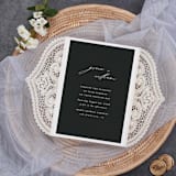 "Qty of 50 Custom Ivory Shimmer Chantilly Lace Invitation Pocket | Other Color Options Available" - Invitation Pockets in beige by Papel Custom Design