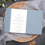 "Qty of 50 Custom Dusty Blue Shimmer Simply Elegant Tri-fold Pocket with Mailing Envelopes" - Invitation Pockets in blue by Papel Custom Design
