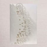 "Qty of 50 Custom Ivory Shimmer Lace Embossing Tri-fold Laser Cut | Other Color Options Available" - Invitation Pockets in beige by Papel Custom Design