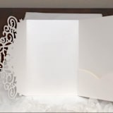"Qty of 50 Custom Ivory Shimmer Lace Embossing Tri-fold Laser Cut | Other Color Options Available" - Invitation Pockets in beige by Papel Custom Design