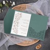 "Qty of 50 Custom Emerald Green Shimmer Simply Elegant Tri-fold Pocket with mailing envelopes" - Invitation Pockets in green by Papel Custom Design
