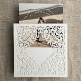 "White Chantilly lace laser cut square pocket | pack of 10 | Envelopes Included" - Invitation Pockets in white by Ivory Invitations