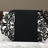 "Qty of 50 Custom Black Shimmer Graceful Lace Laser Cut | Other Color Options Available" - Invitation Pockets in black by Papel Custom Design