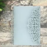 "Qty of 50 Custom Dusty Blue Shimmer Exquisite Lace Laser Cut | Other Color Options Available" - Invitation Pockets in beige by Papel Custom Design