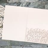 "Qty of 50 Custom Blush Shimmer Classic Lace Tri-fold Laser Cut | Other Color Options Available" - Invitation Pockets in black by Papel Custom Design