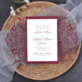 "Qty of 50 Custom Burgundy Shimmer Exquisite Lace Laser Cut | Other Color Options Available" - Invitation Pockets in red by Papel Custom Design