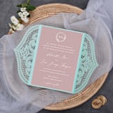 "Qty of 50 Custom Tiffany Blue Shimmer Chantilly Lace Invitation Pocket | Other Color Options Available" - Invitation Pockets in blue by Papel Custom Design
