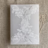 "White lace vellum petal pochette for 5x7 card | pack of 10" - Invitation Pockets in white by Ivory Invitations