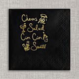 "Cheers, salud, cin cin, santé cocktail napkins - Black Napkins (Set of 20)" - Napkins in black by Orchid Studio