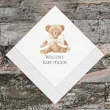 "Teddy Bear with Ivory Bow Personalized Gender Neutral Baby Shower Napkin" - Napkins in white by Papel Custom Design