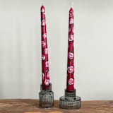 "Red with Pink Rose Floral Hand-Painted Taper Candles, Set of 2" - Candles in red by Ashley Myers
