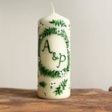 "Monogrammed Ivory with Greenery and White Floral Hand-Painted 6” Pillar Candle, Set of 1" - Candles in beige by Ashley Myers