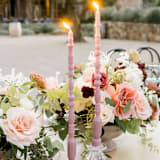 "SET OF 2 - SPINDLE LEG TAPERS // ROSEWATER" - Candles in pink by borrowed BLU