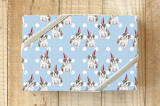 "Bulldog Birthday " - Wrapping Paper in Baby Blue by Lauren Rogoff - Front