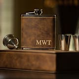 "Rustic Brown Custom Engraved Initials Flask Gift Set" - Groomsmen Gifts in brown by Great Little Favor Co