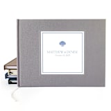 "Custom Wedding Guest Book · Minimalist Nautical Shell · Gray Linen" - Guest Books in gray by Transient Books