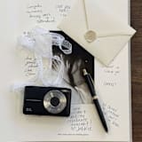 "Brown Linen Wedding Guest Book with blue text" - Marketplace Guest Books in brown by The Ceremony Club