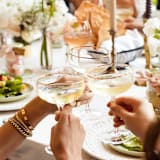 "SET OF 4 - SIREN STEMWARE // CHAMPAGNE COUPE IN CLEAR + GOLD" - Drinkware in clear by borrowed BLU