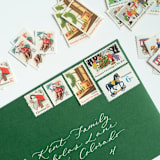 "Green & Red Vintage Holiday Postage Set, Christmas Toys and Children Playing // Set of 5 // $.86 per set" - Postage Stamps in red by Flourish Fine Writing